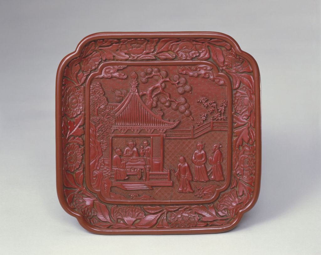 图片[1]-Carved red square plate of the Five Old Figures-China Archive